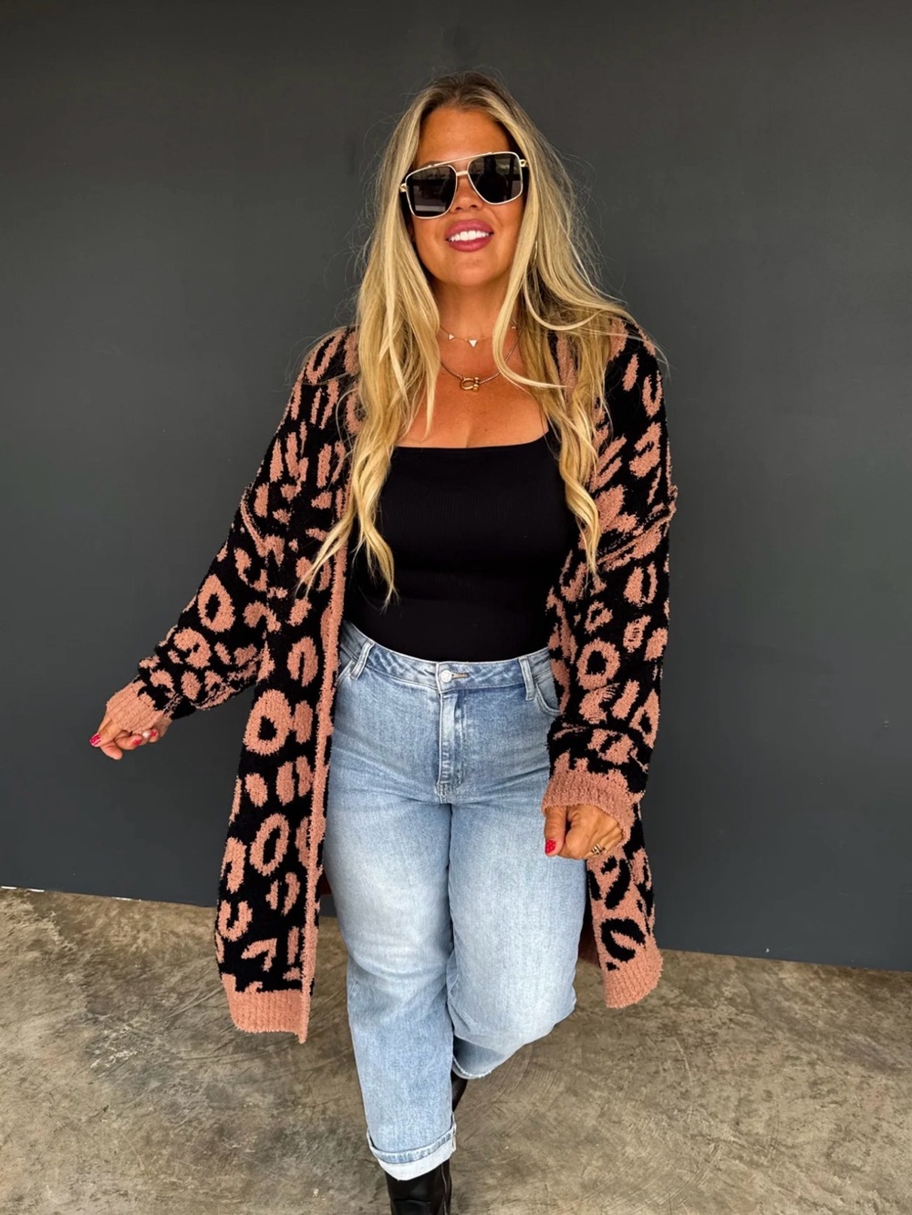 Leopard-Print Open Cardigan Sweater in Rose/Black